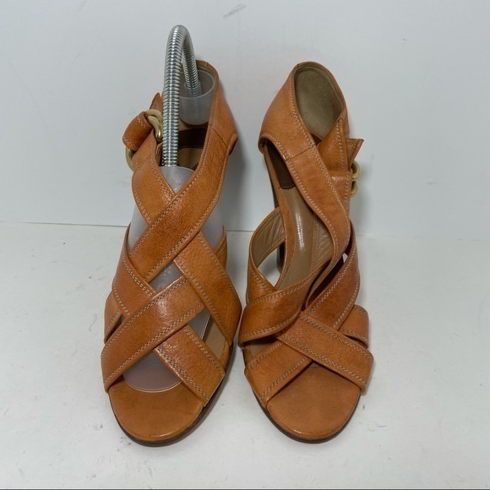 Chloe tan high heel sandals wide straps brass hardware size 10.5 B